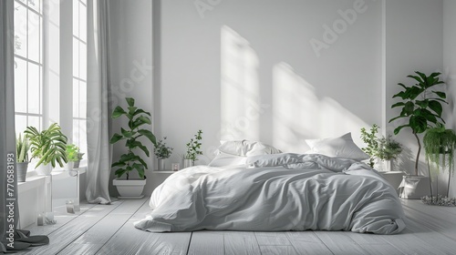 Modern white and gray minimalist bedroom with parquet, big window, house plants, soft duvet and pillows,,White bedroom with summer landscape in window. Scandinavian interior design