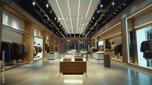 A boutique clothing store interior with elegant displays and soft lighting. photo