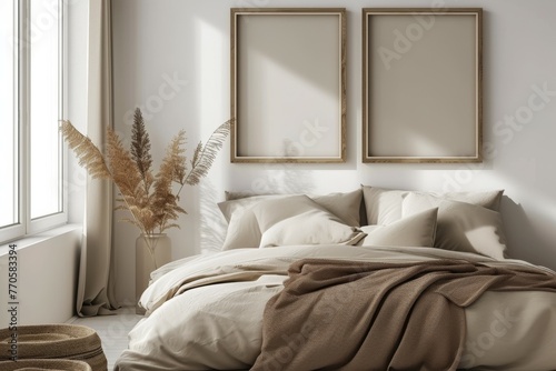 Minimalist beige and brown bedroom wall art mockup with two empty poster frames on the wall. Mockup