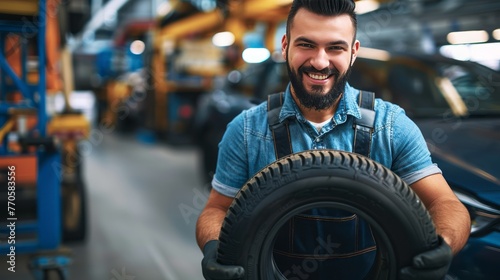 Happy Car Mechanic Holding Tire for Replacement photo