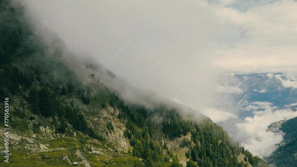 High Mountain View With Dense Fog In Alps, Drone Flying View High Mountain View With Dense Fog In Alps, Drone Flying View