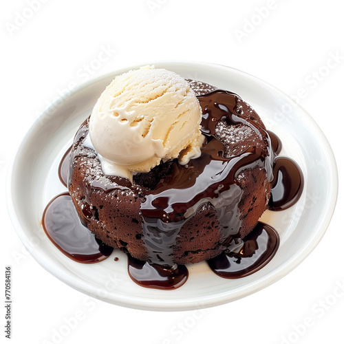 A decadent molten chocolate lava cake, oozing with rich sauce, served with a scoop of vanilla ice cream, isolated on transparent background.