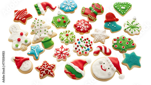 A festive array of holiday-themed sugar cookies  decorated with colorful icing  isolated on transparent background