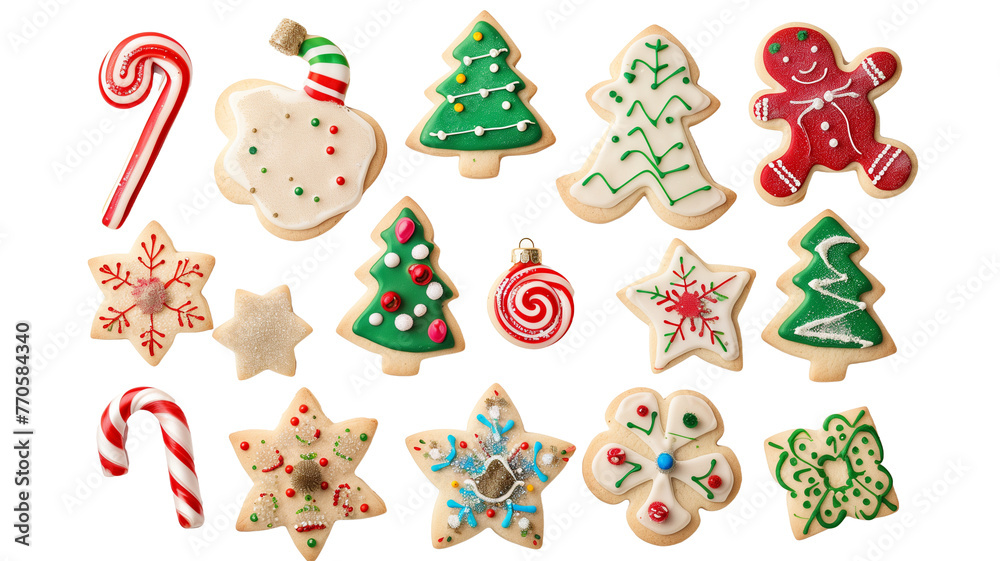 A festive array of holiday-themed sugar cookies, decorated with colorful icing, isolated on transparent background