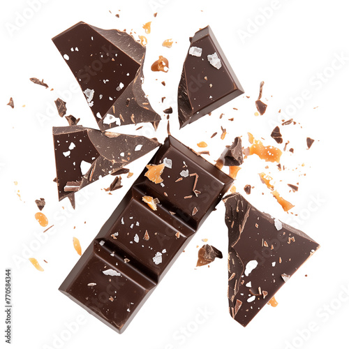 An artisanal dark chocolate bar with sea salt and caramel bits, broken into pieces, isolated on transparent background photo