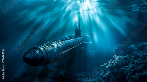 Underwater sunrays illuminating a submarine