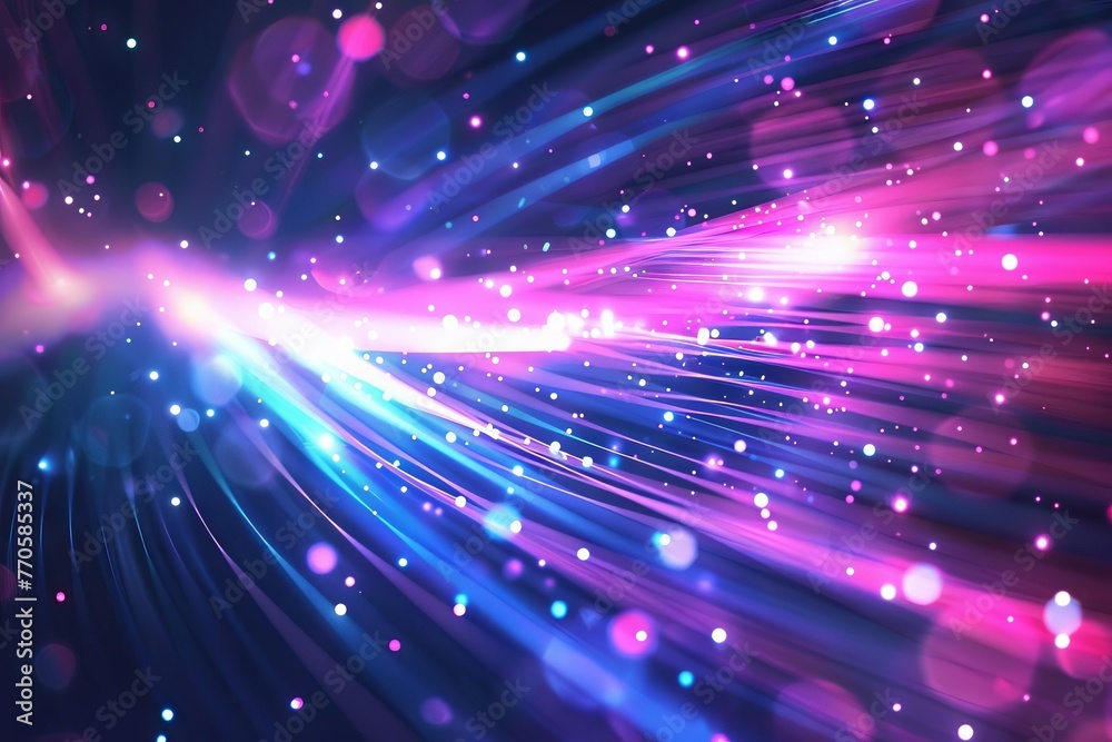 Abstract background with pink and blue glowing neon lines and bokeh lights, representing data transfer and digital communication, vector illustration