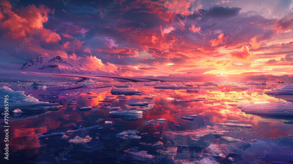 A breathtaking sunset over the glaciers of Iceland, with vibrant colors reflecting on floating icebergs