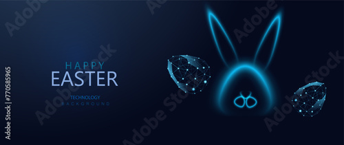 Neon Happy Easter Eggs And Bunny Vector Background. Technology Holiday Illustration.