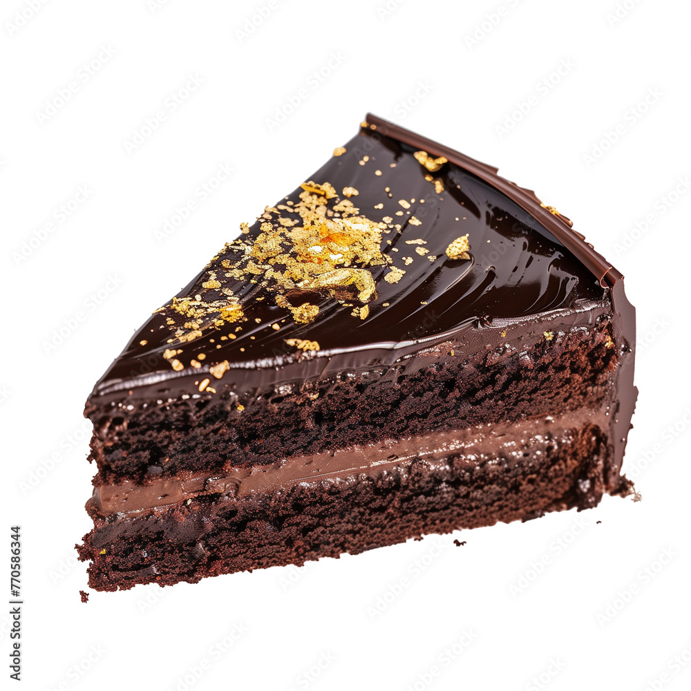An elegant slice of chocolate cake with glossy chocolate ganache and a sprinkle of gold leaf, isolated on transparent background An elegant slice of chocolate cake with glossy chocolate ganache and a sprinkle of gold leaf, isolated on transparent background