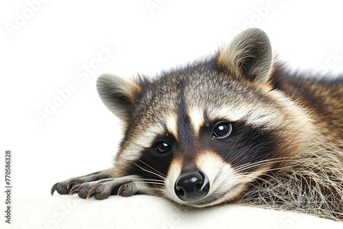 Lying down sad raccoon isolated on white background. Portrait animal