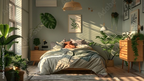 Stylish bedroom interior with comfortable bed, dressing table, lamps and green houseplantso,Giant floral motifs in dark brown and bright white make a vibrant statement in this cozy maximalist bedrom