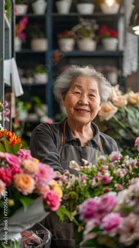 An elderly Asian woman working in a florist shop. © Spencer