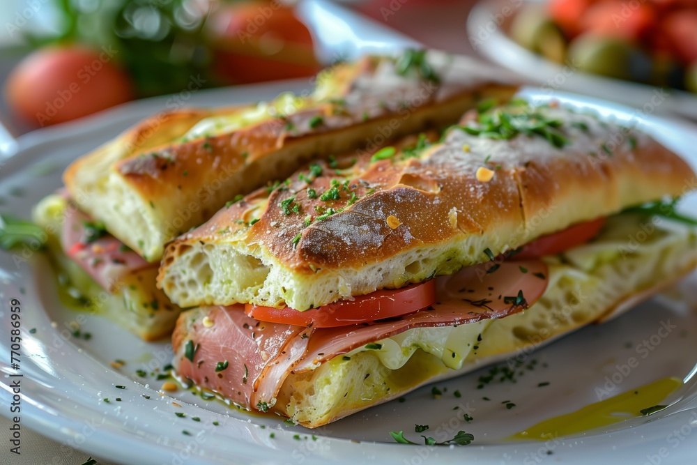 Focaccia sandwiches filled with gourmet Italian ingredients, reflecting the trend towards upscale, casual dining, bright and fresh fillings on a clean, white plate Focaccia sandwiches filled with gourmet Italian ingredients, reflecting the trend towards upscale, casual dining, bright and fresh fillings on a clean, white plate