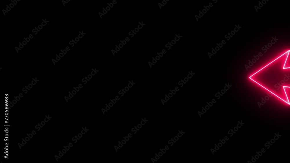 Glowing neon pink arrow on black background runs from right to left. Flashing neon icon on left bank. Left abstract directional icon animation. Glowing neon pink arrow on black background runs from right to left. Flashing neon icon on left bank. Left abstract directional icon animation.