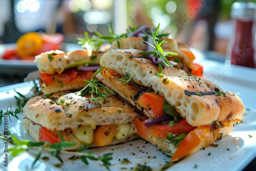 Focaccia sandwiches filled with gourmet Italian ingredients, reflecting the trend towards upscale, casual dining, bright and fresh fillings on a clean, white plate