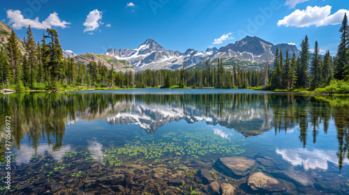 A crystal-clear lake reflecting the perfect image of the surrounding mountains and forests.