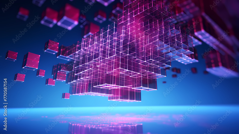 Abstract Flying Cubes, Geometric Shapes Background, Neon Lighting