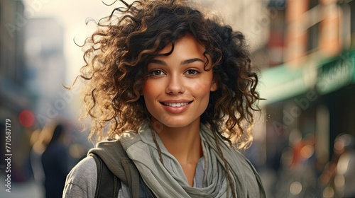 portrait of a smiling mixed race woman with beautiful eyes. brown curly hair. blurred city background. copy space. photo