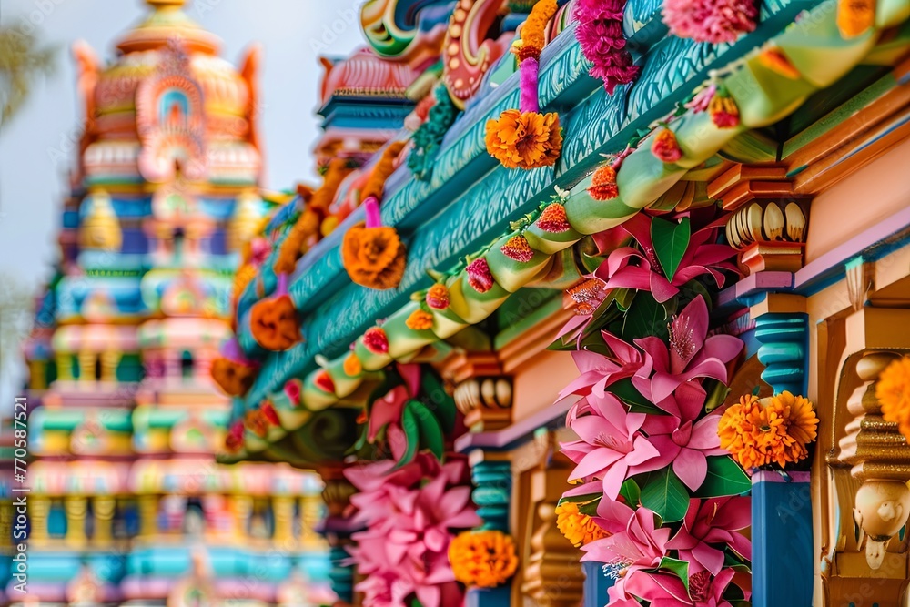 A row of buildings adorned with colorful decorations and flowers. Generative AI