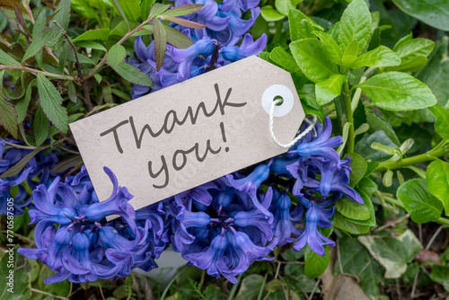 Bouquet of blue hyacinths and card with English text: Thank you