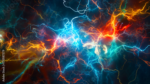 Abstract Neural Network Brain Synapses Visualization. An abstract representation of neural network activity, resembling brain synapses with colorful electrical impulses on a dark background.