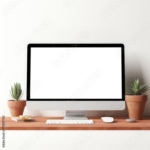 Modern computer with blank screen on wooden shelf. 3D Rendering
