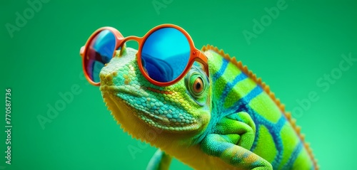 A vivid green chameleon poses with oversized orange sunglasses. The playful contrast of colors highlights the creature's textured skin and curious gaze.