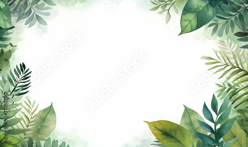Watercolor tropical leaves frame on white background. Hand drawn illustration