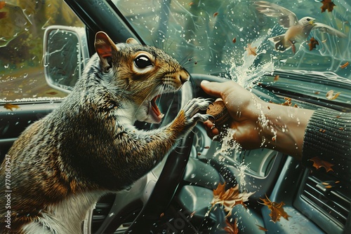 A whimsical painting of a squirrel seated in a car with its mouth agape, appearing to laugh or chatter in a humorous interaction. Generative AI