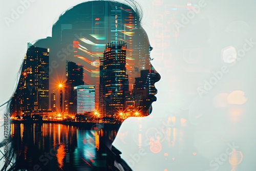 City symphony: A business person strides through a bustling cityscape, their form overlaid by a vibrant dance of technological colors in a dynamic double exposure