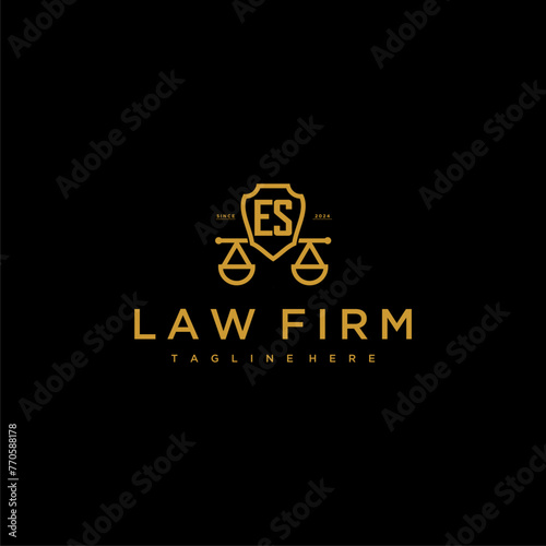 ES initial monogram for lawfirm logo with scales shield image