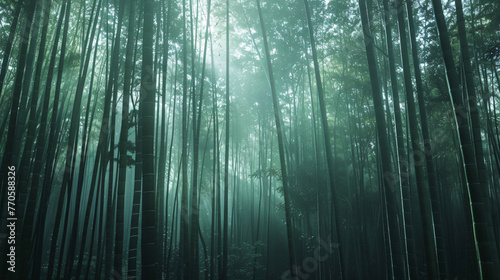 A dense bamboo forest with shafts of light filtering through the tall stalks creating a peaceful and mystical atmosphere.