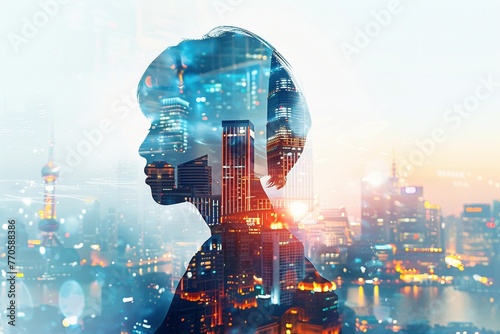 Connecting the dots: A business person stands against a city skyline, their form interwoven with a network of dynamic technology colors in a captivating double exposure