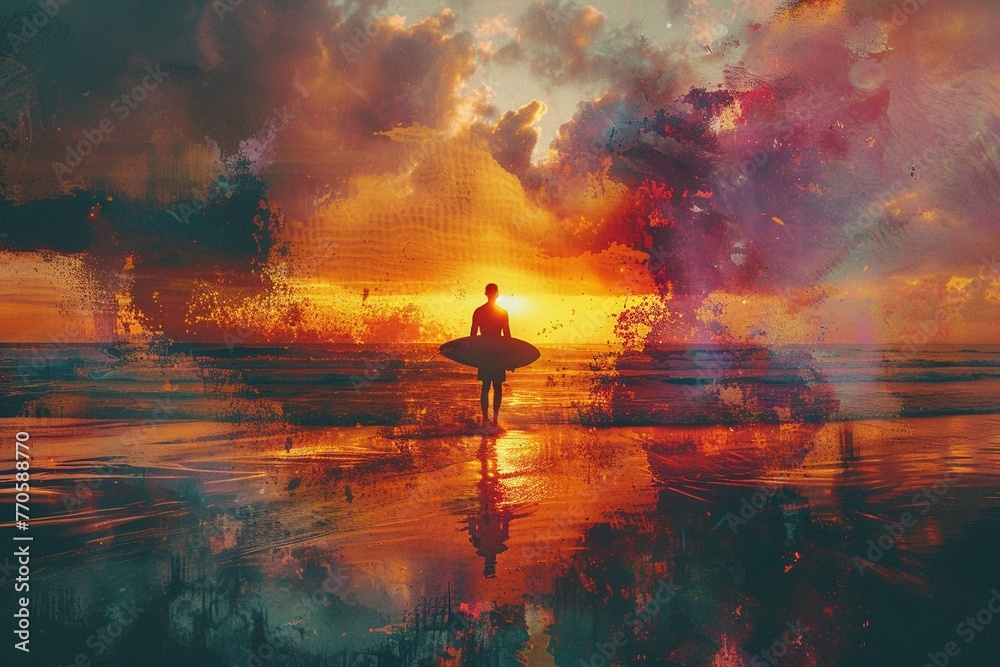 Silhouette serenade: A surfer dances with the setting sun in a double exposure. Warm hues of orange and purple bathe the scene, creating a luxurious dreamscape on this upscale beach Silhouette serenade: A surfer dances with the setting sun in a double exposure. Warm hues of orange and purple bathe the scene, creating a luxurious dreamscape on this upscale beach