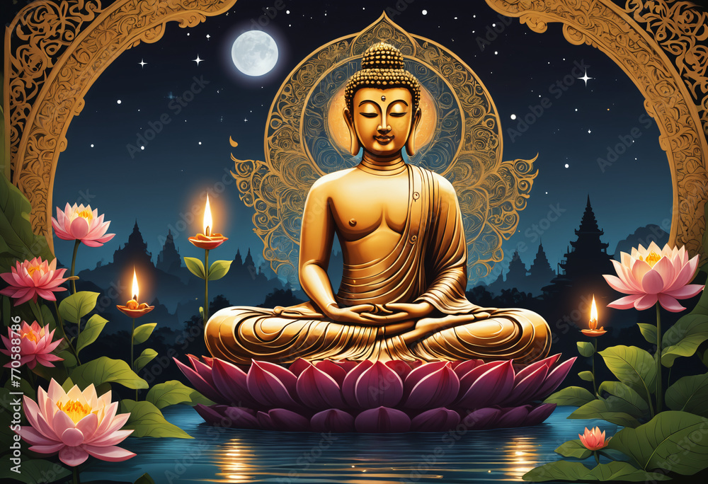 Buddha statue with Lotus flower and Candle light side on river. Generative AI
