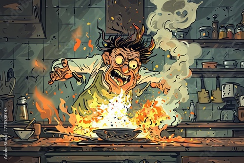 Cartoon illustration of a man in a kitchen engulfed in flames. Generative AI
