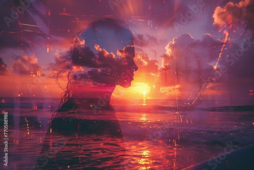 Ocean's embrace: A surfer becomes one with the fiery sunset. Their silhouette merges with the vibrant orange and purple hues in a captivating double exposure, showcasing the upscale beauty of the beac photo