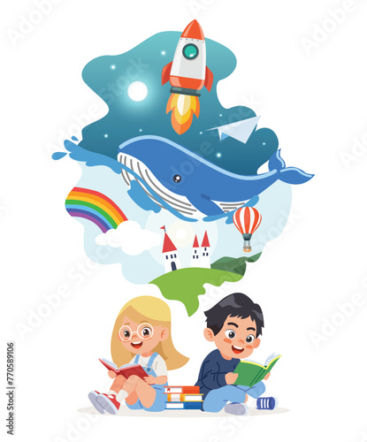 Cute boy and girl read a book together, open a book with a rocket, whale, air balloon, stars, rainbow.