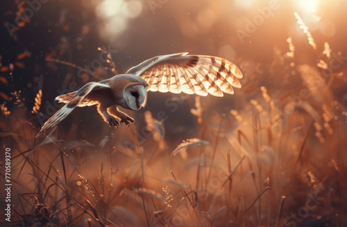 A closeup photo of an owl in flight, captured midflight over the golden grasses and reeds of British woodland at dawn photo