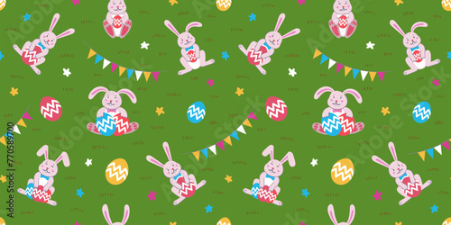 Happy Easter seamless pattern with cute bunnies holding eggs