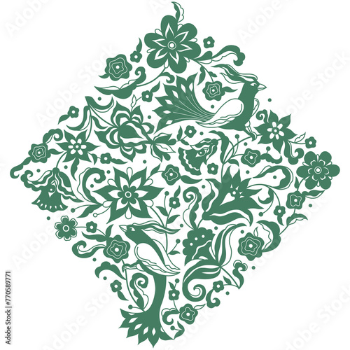 Floral pattern with birds, vignette, border, card design. Elements in Oriental style. Ornate decoration, floral silhouette illustration. Arabic ornament. Isolated ornaments. Ornamental decora