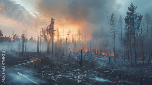 A dense forest partially burned aftermath of a wildfire under a smoky sky.