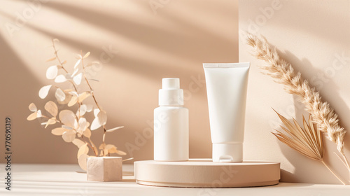 Skincare product blank bottles with natural elements. Studio style with neutral beige tones. Cosmetics and beauty concept for design and print. Flat lay composition with copy space.