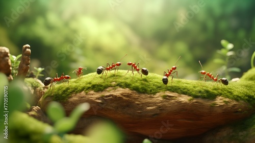 A lifelike HD animation capturing the moment of a red worker ant engaging in its tasks, while other ants start to materialize against a backdrop featuring subtle tones of beige and lush green © komal