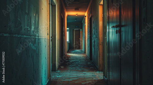 A dim hallway with doors slightly ajar symbolizing choices and uncertainty in ones path.