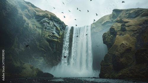 A dramatic waterfall plunging into a rugged canyon with birds flying around the mist. photo