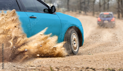 Rally car splashing dust and gravel in race track photo