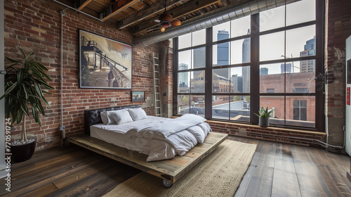 Contemporary loft space with an exposed brick wall, sleek furnishings, and expansive windows overlooking the city photo
