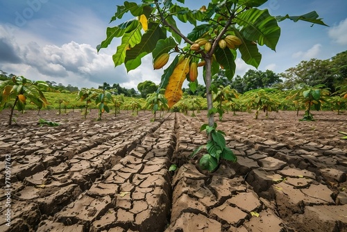 Cocoa tree farm struggling under rainless conditions, climate change impact on agriculture